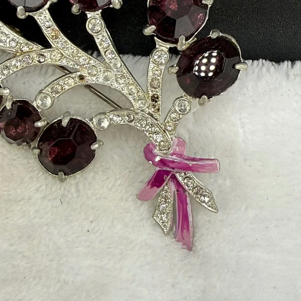 Vintage Rhinestone Brooch Purple Silver Floral Spray